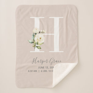 Couverture Sherpa LETTRE Florale rose pâle H Script Bébé Statistique