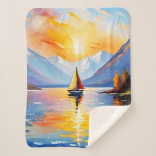 Couverture Sherpa Lever de soleil sur un lac et des montagnes enneig