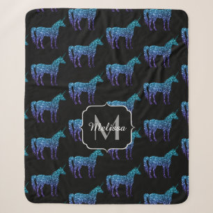 Couverture Sherpa Licorne Étincelles motif ombré bleu aqua Monogramm