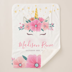 Couverture Sherpa Licorne visage floral étoiles bébé aquarelle