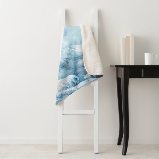 Couverture Sherpa Lion neige couché animal d'art (En situation)