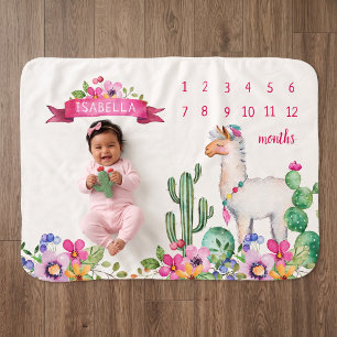 Couverture Sherpa Llama et Cactus Floral Photo de Milestone de Nom d