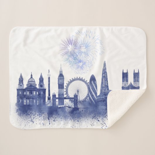 Couverture Sherpa Londres Skyline - Aquarelle bleue (Devant (Horizontal))
