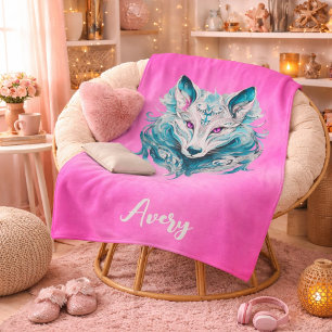 Couverture Sherpa Loup Mystique Loup Turquoise et Rose Élégant