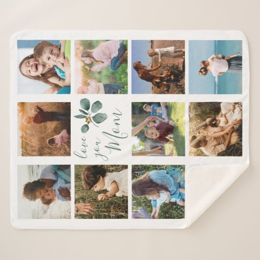 Couverture Sherpa Love You Mom Family Photo Collage Eucalyptus (Devant (Horizontal))