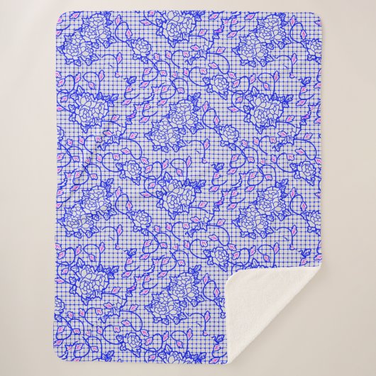 Couverture Sherpa Lumineuse filet bleu avec fleurs 02b Offwhite BG (Devant)