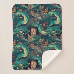 Couverture Sherpa Majestic Turquoise Dragons et Village