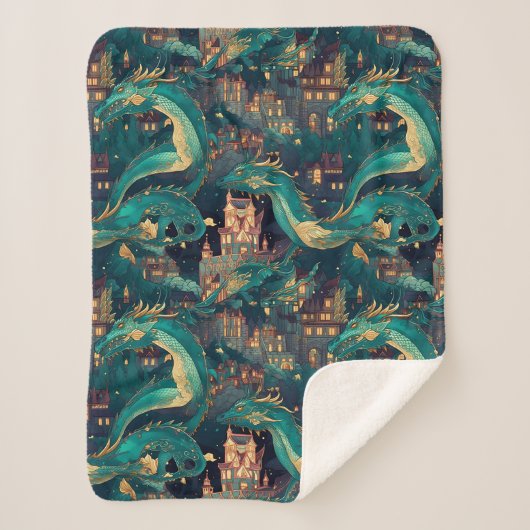 Couverture Sherpa Majestic Turquoise Dragons et Village (Devant)