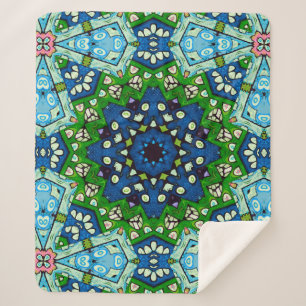 Couverture Sherpa Mandala Retro Mosaic Vert Motif bleu