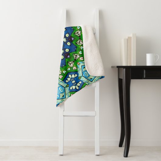 Couverture Sherpa Mandala Retro Mosaic Vert Motif bleu (En situation)