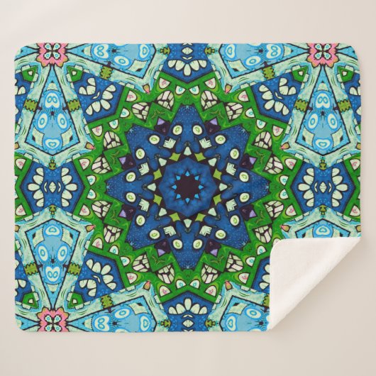 Couverture Sherpa Mandala Retro Mosaic Vert Motif bleu (Devant (Horizontal))