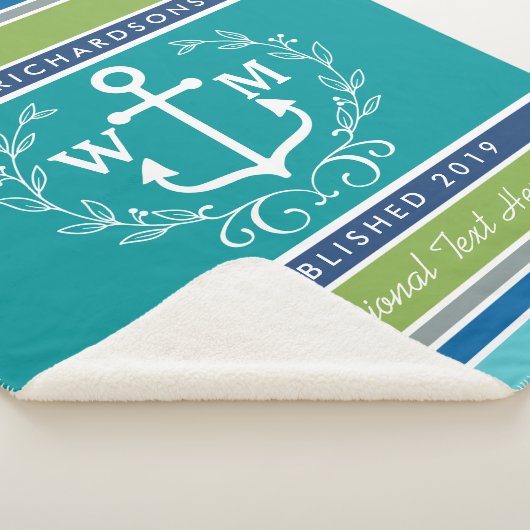 Couverture Sherpa Mariage Monogram Ancre Laurel Wreath Aqua Stripes (3/4)