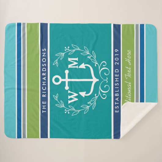 Couverture Sherpa Mariage Monogram Ancre Laurel Wreath Aqua Stripes (Devant (Horizontal))