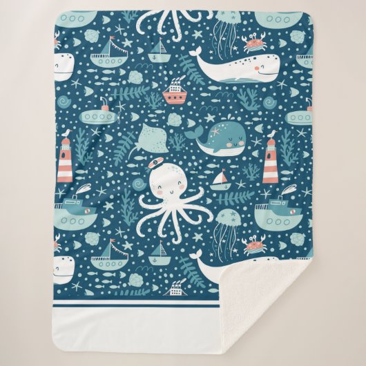 Couverture Sherpa Marine Bleu et blanc Motif de l'océan marin (Devant)