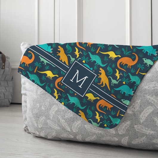 Couverture Sherpa Marine | Joli Motif Dinosaure coloré Monogramme en