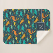 Couverture Sherpa Marine | Joli Motif Dinosaure coloré Monogramme en (Devant (Horizontal))