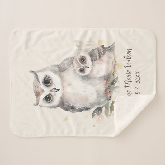 Couverture Sherpa Mère mignonne Nom de la chouette du bébé Date d'an (Devant (Horizontal))