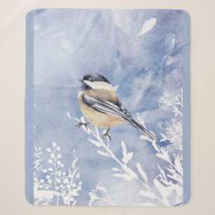 Couverture Sherpa Mésange au pochoir aquarelle mignonne hiver gel bl