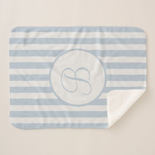 Couverture Sherpa Mi bleu rayé hors Monogramme blanc (Devant (Horizontal))