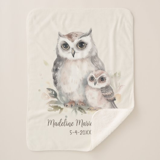 Couverture Sherpa Mignon bébé chouette mère Nom Date de naissance (Devant)