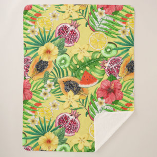 Couverture Sherpa Mix-fruit tropical, fleurs et feuilles sur jaune