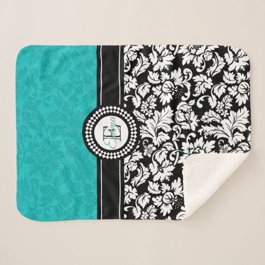 Couverture Sherpa Modèle Damas Blanc Et Turquoise (Devant (Horizontal))