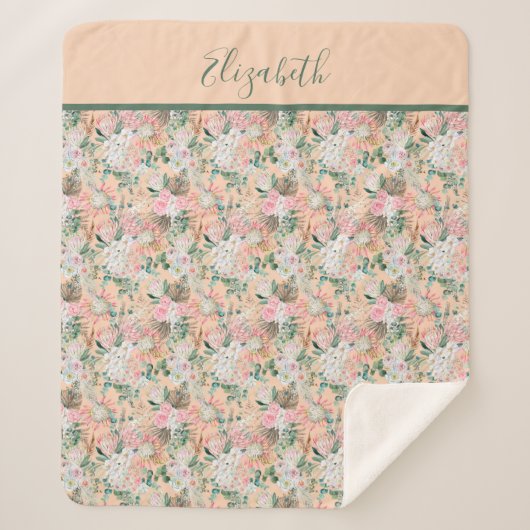 Couverture Sherpa Monogram Boho Rose Pêche Blanc Floral Tendance (Devant)