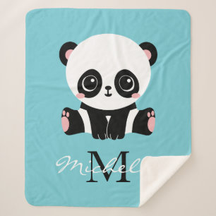 Couverture Sherpa Monogram Cute Panda Personnalisé Bubble Gum Bleu
