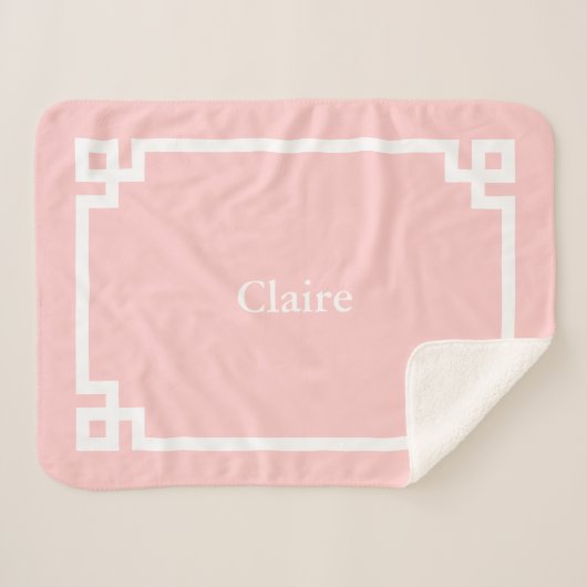 Couverture Sherpa Monogramme à clé grecque rose et blanc pétale (Devant (Horizontal))