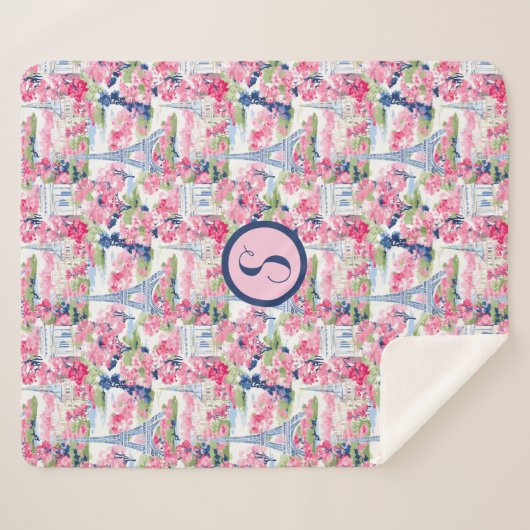 Couverture Sherpa Monogramme à motifs rose et bleu Paris (Devant (Horizontal))