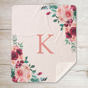 Couverture Sherpa Monogramme Aquarelle Bohème Rose Florale Rose Bour