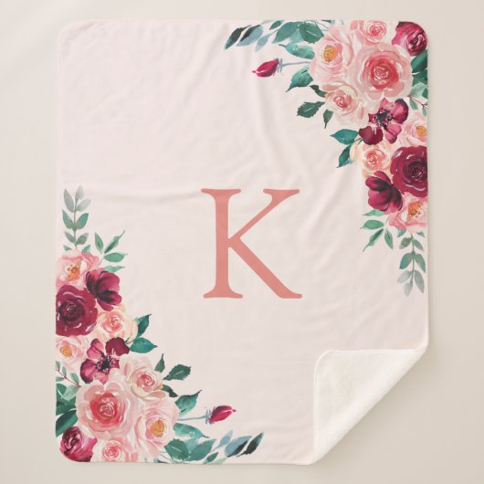 Couverture Sherpa Monogramme Aquarelle Boho rose Bourgogne Rose Flor (Devant)