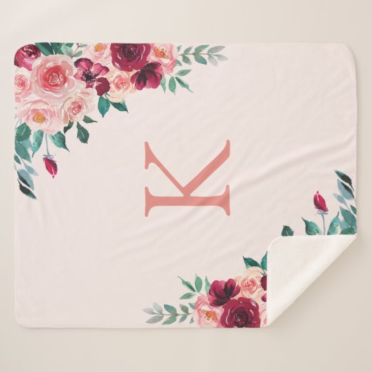 Couverture Sherpa Monogramme Aquarelle Boho rose Bourgogne Rose Flor (Devant (Horizontal))