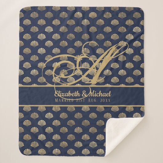 Couverture Sherpa Monogramme ART Déco Marine Blue Gold Shells Newlyw (Devant)