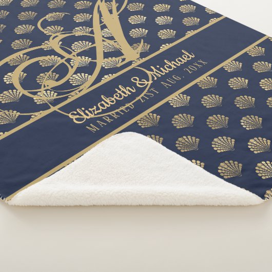 Couverture Sherpa Monogramme ART Déco Marine Blue Gold Shells Newlyw (3/4)