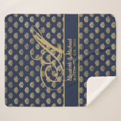 Couverture Sherpa Monogramme ART Déco Marine Blue Gold Shells Newlyw (Devant (Horizontal))