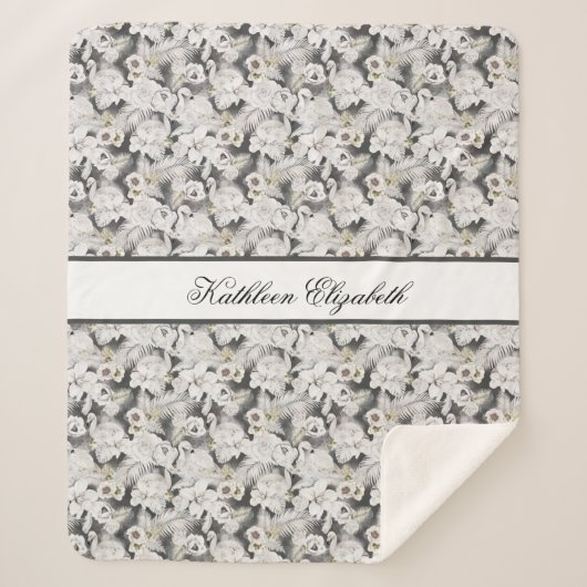 Couverture Sherpa Monogramme Blanc Gris Swan Floral Élégant Design (Devant)