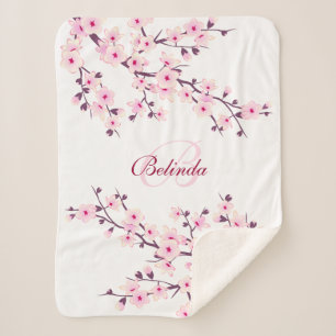Couverture Sherpa Monogramme blanc rose des fleurs de cerisiers flor