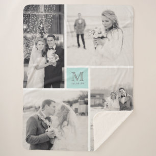 Couverture Sherpa Monogramme bleu turquoise 4 Mariage photo Collage
