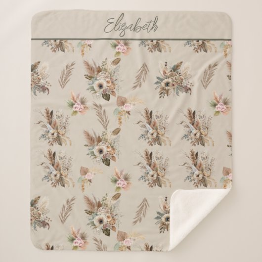 Couverture Sherpa Monogramme Boho Beige Vert rose rose Floral Botani (Devant)