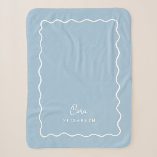 Couverture Sherpa Monogramme bordure ondulée bleu ciel (Devant)