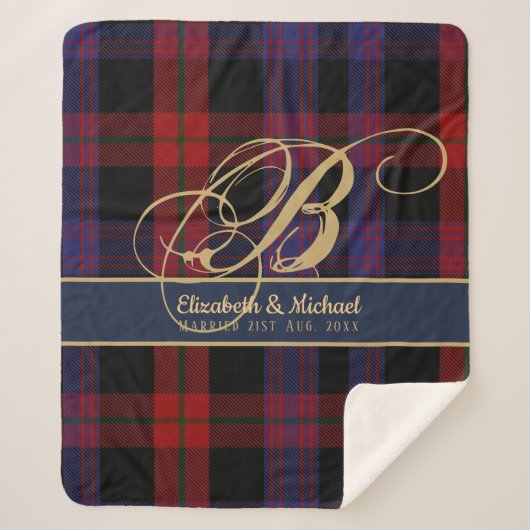 Couverture Sherpa Monogramme BROWN Tartan bleu rouge Mariage des jeu (Devant)