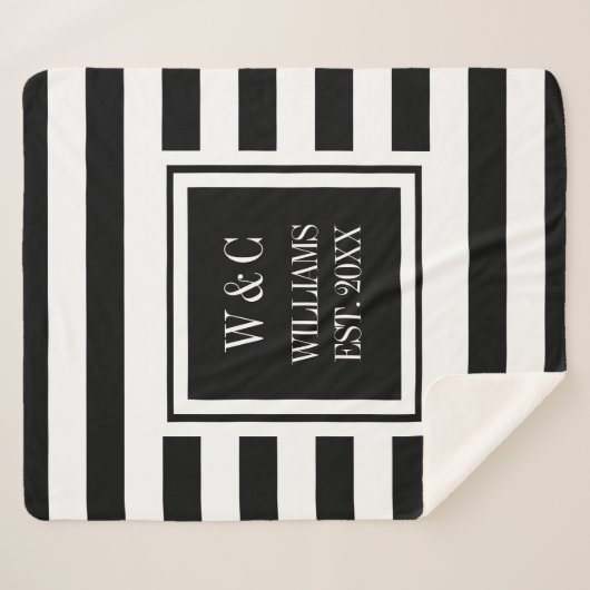 Couverture Sherpa Monogramme classique à rayures blanches noires (Devant (Horizontal))