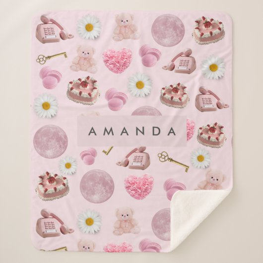 Couverture Sherpa Monogramme Coquette personnalisée Lune rose Femini (Devant)