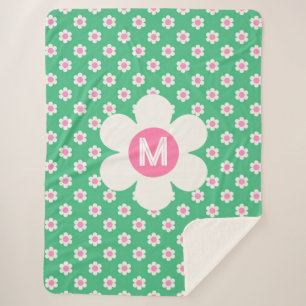 Couverture Sherpa Monogramme Custom Retro Daisis rose et vert