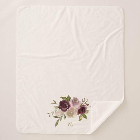 Couverture Sherpa Monogramme d'aquarelle florale rose-bourgogne mode (Devant)