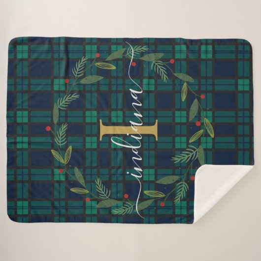 Couverture Sherpa Monogramme de Noël en plastique rustique Tartan (Devant (Horizontal))
