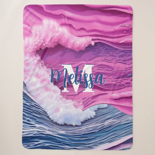 Couverture Sherpa Monogramme des vagues de l'océan rose Abstrait (Devant)