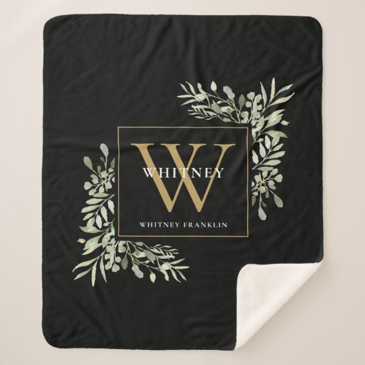 Couverture Sherpa Monogramme doré Vert feuillu Aquarelle Noir (Devant)