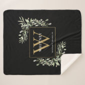 Couverture Sherpa Monogramme doré Vert feuillu Aquarelle Noir (Devant (Horizontal))